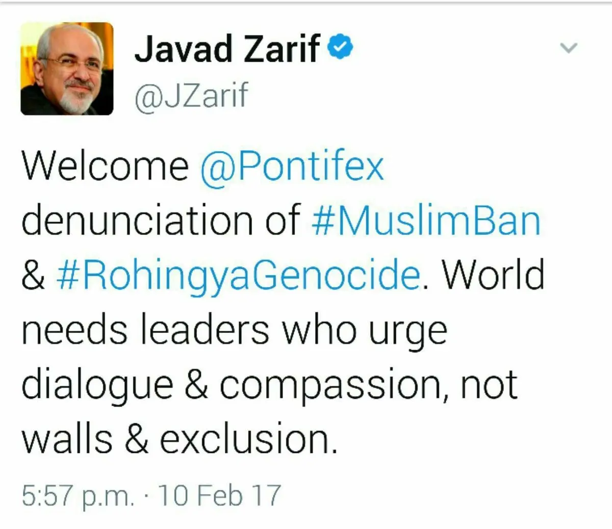 ظریف:جهان به رهبرانی نیاز دارد که دعوت به گفتگو و مهربانی می‌کنند و نه به دیوار و حذف