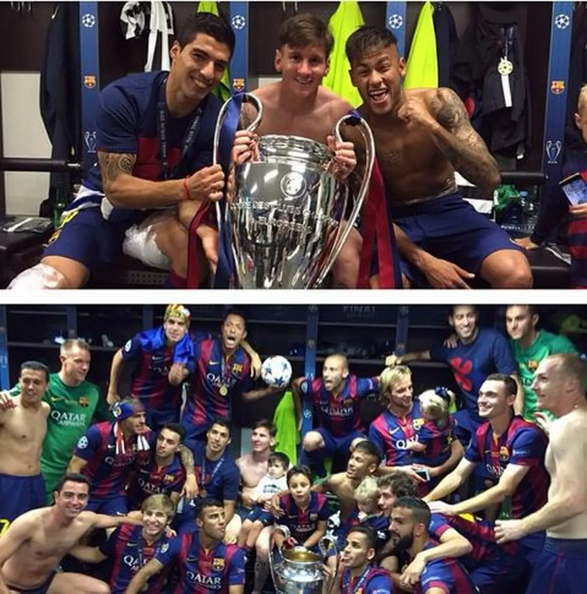 مسی، سوارز و نیمار با جام در رختکن بارسلونا/ عکس