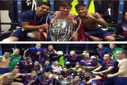 مسی، سوارز و نیمار با جام در رختکن بارسلونا/ عکس