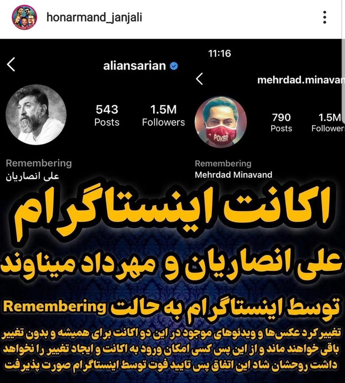 چه بر سر اکانت اینستاگرام انصاریان و میناوند آمد؟ + عکس