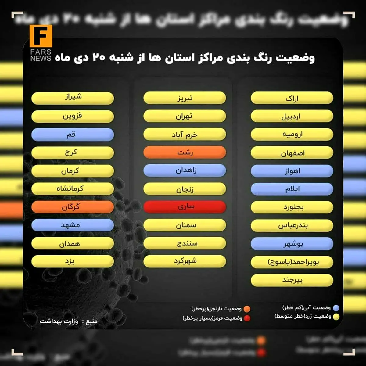 وضعیت رنگ‌بندی کرونایی مراکز استان‌ها