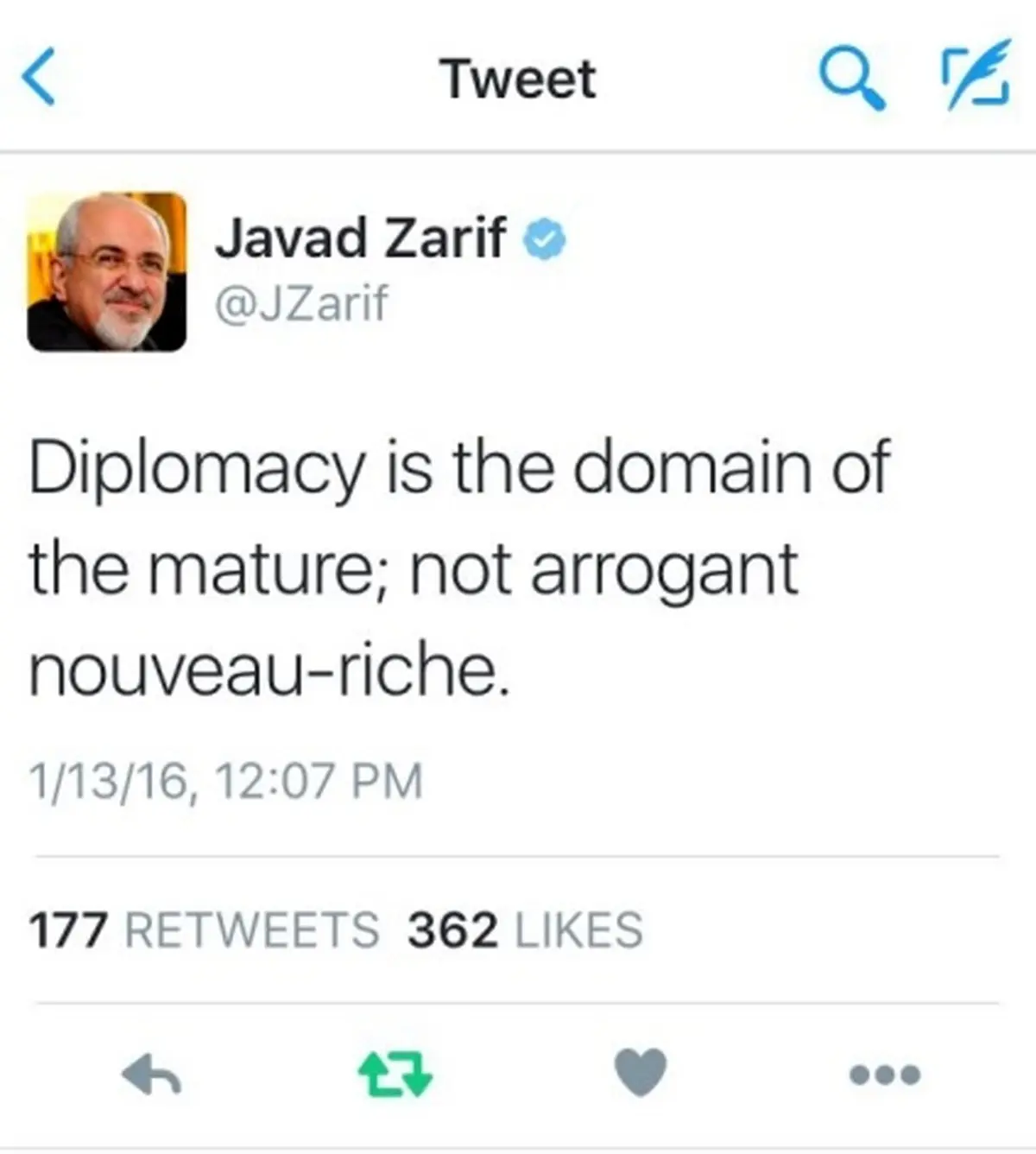 پاسخ توئیتری ظریف به تمسخر وزیر خارجه امارات/ عکس