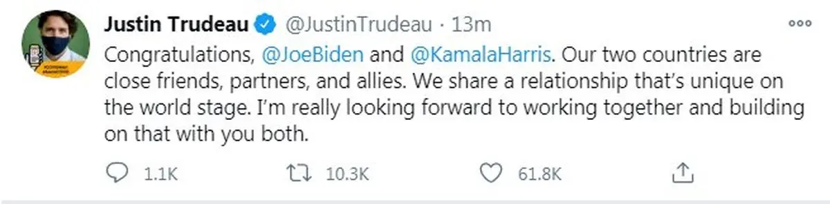 «ترودو» پیروزی بایدن را به وی تبریک گفت