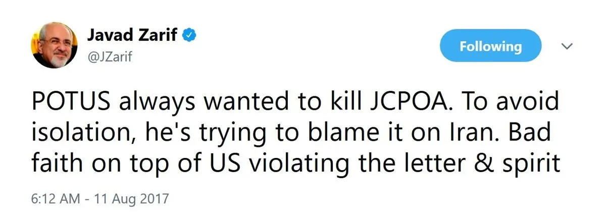 پاسخ توئیتری ظریف به ادعای ترامپ