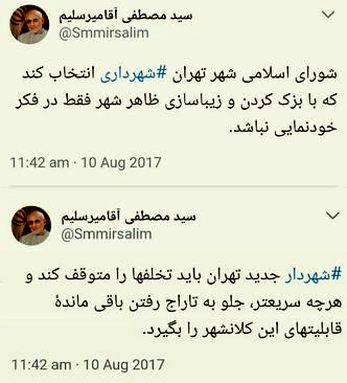 ميرسليم خطاب به شهردار جدید تهران: هرچه سریعتر جلوی تاراج شهر را بگیرید/ تخلف ها را متوقف کنید