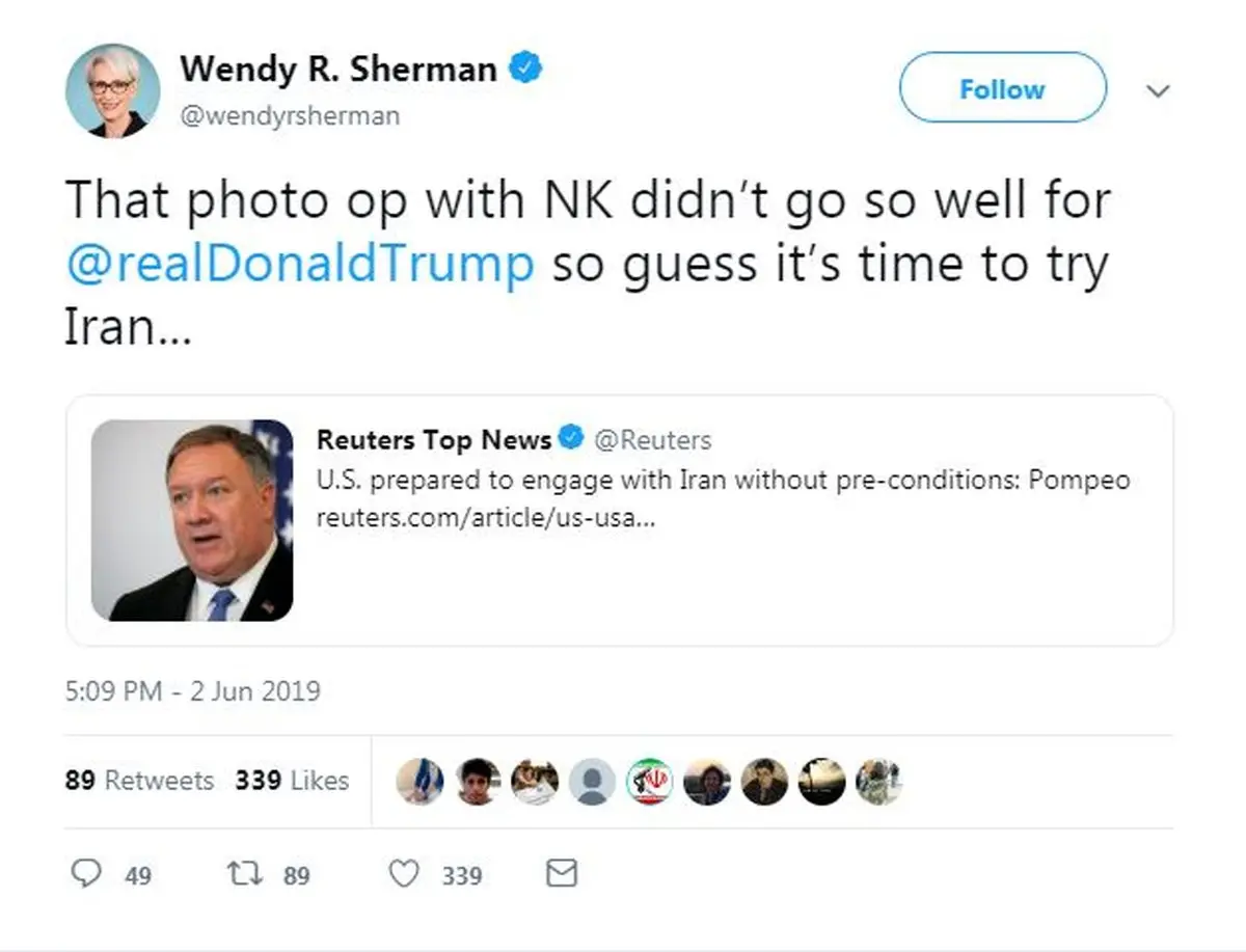 واکنش جالب شرمن به پیشنهاد پامپئو برای مذاکره «بدون پیش‌شرط» با ایران + توئیت