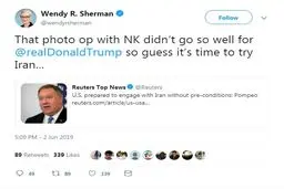 واکنش جالب شرمن به پیشنهاد پامپئو برای مذاکره «بدون پیش‌شرط» با ایران + توئیت