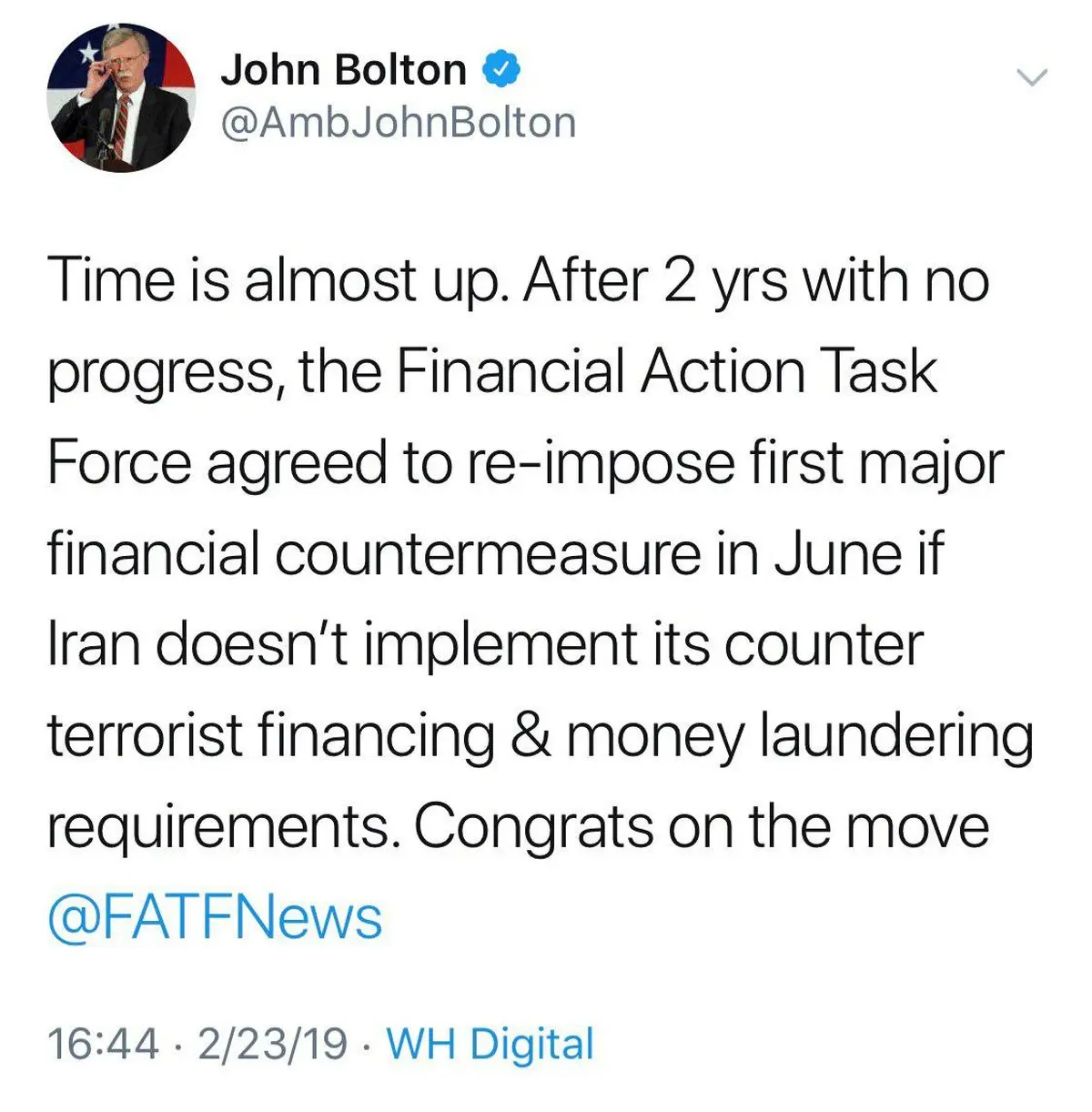 توئیتر: واکنش «جان بولتون» به بیانیه جدید FATF درباره ایران