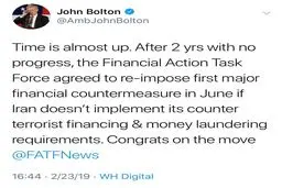 توئیتر: واکنش «جان بولتون» به بیانیه جدید FATF درباره ایران