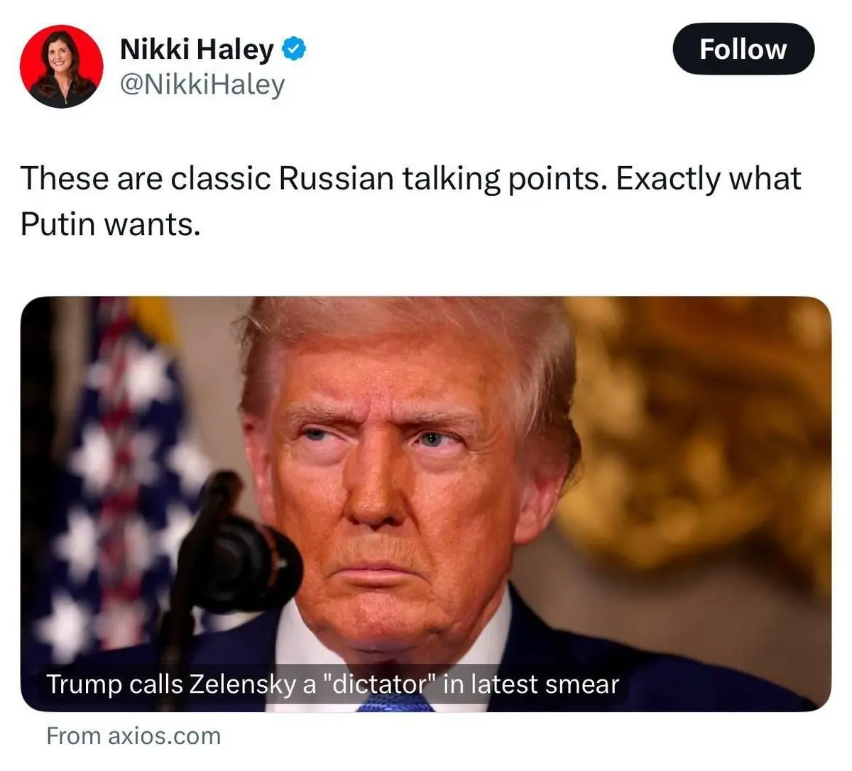 نیکی هیلی: موضع ترامپ مقابل زلنسکی همان است که پوتین می‌خواهد