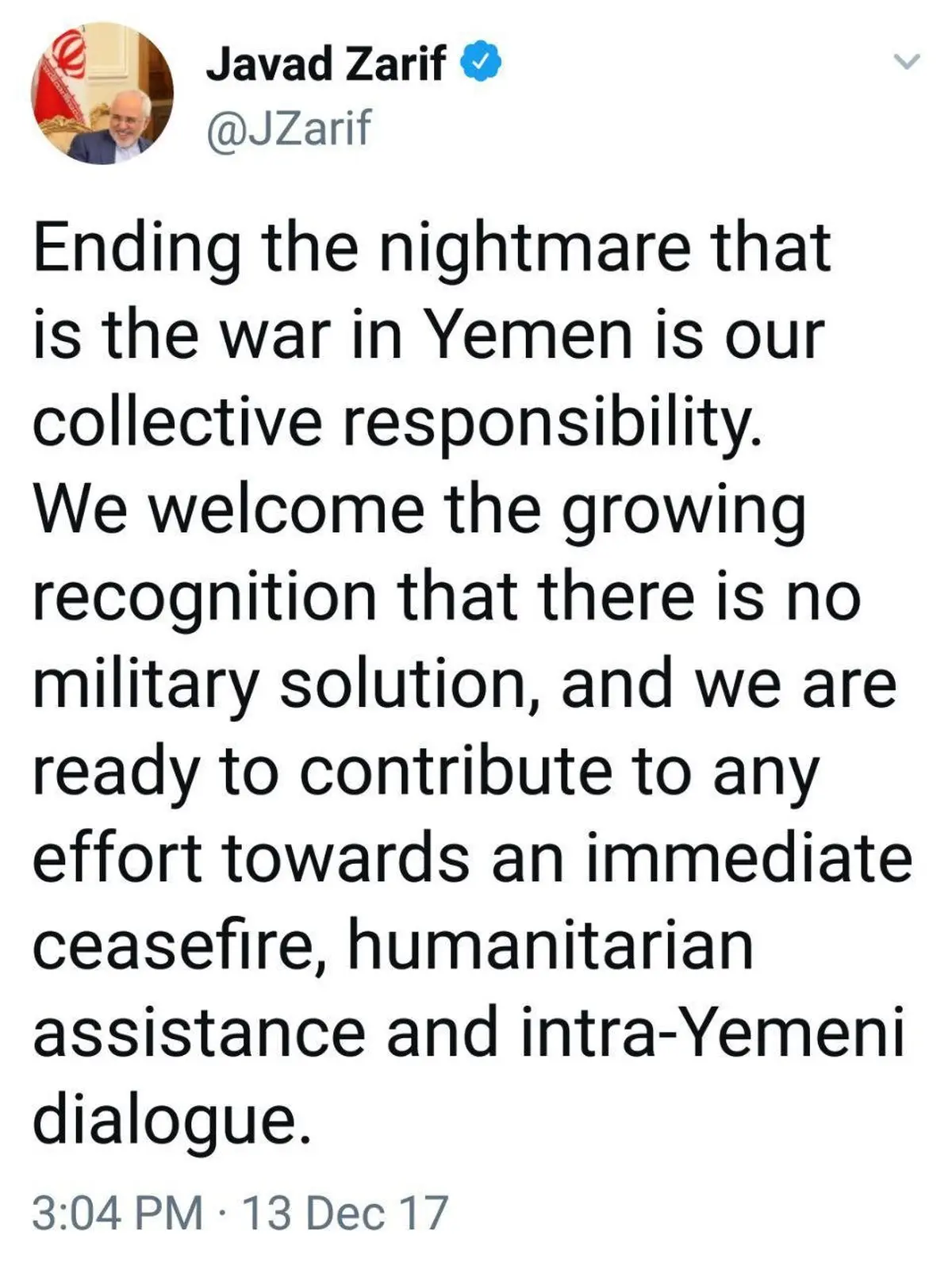 توئیت ظریف درباره اعلام آمادگی ایران برای حل بحران یمن