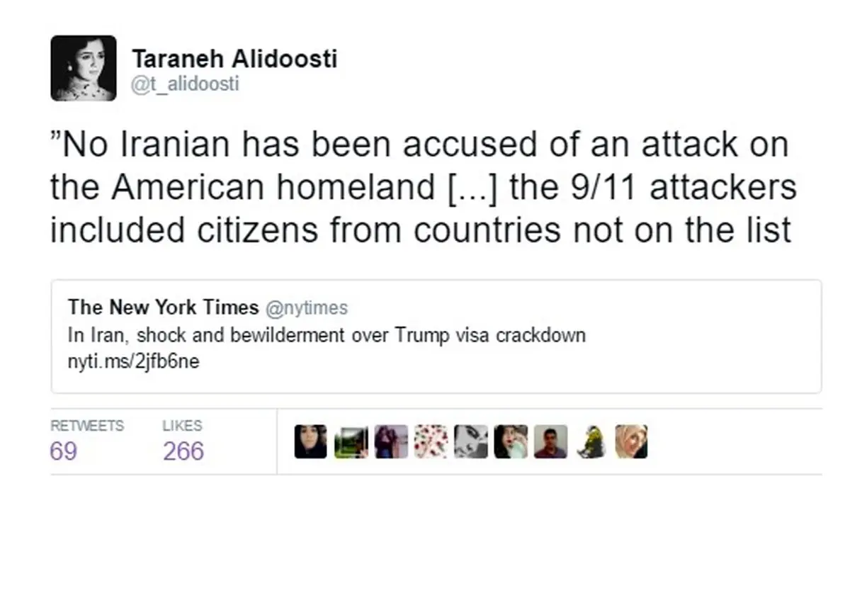 توییت تازه ترانه علیدوستی درباره فرمان تبعیض‌آمیز ترامپ / عکس