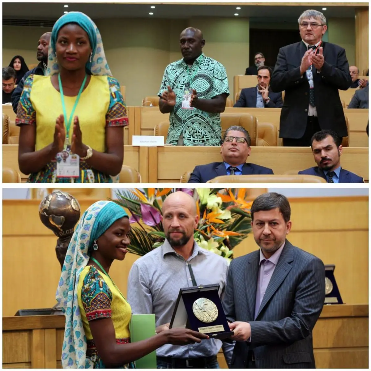 پوشش عجیب مهمان در مراسم بنیاد جهانی انرژی!/عکس