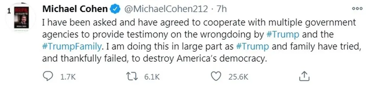 وکیل ترامپ: می‌خواهم علیه تخلفات ترامپ و خانواده‌اش شهادت بدهم