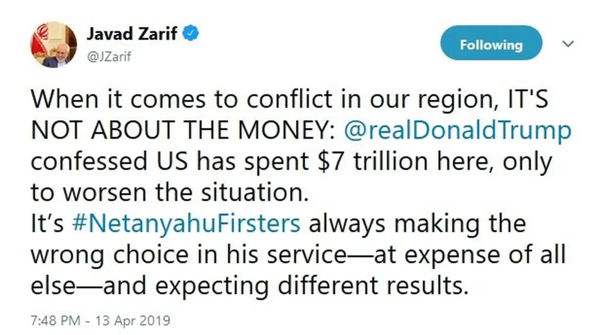 ظریف: آمریکا با هزینه مردم کارهای غلط می‌کند