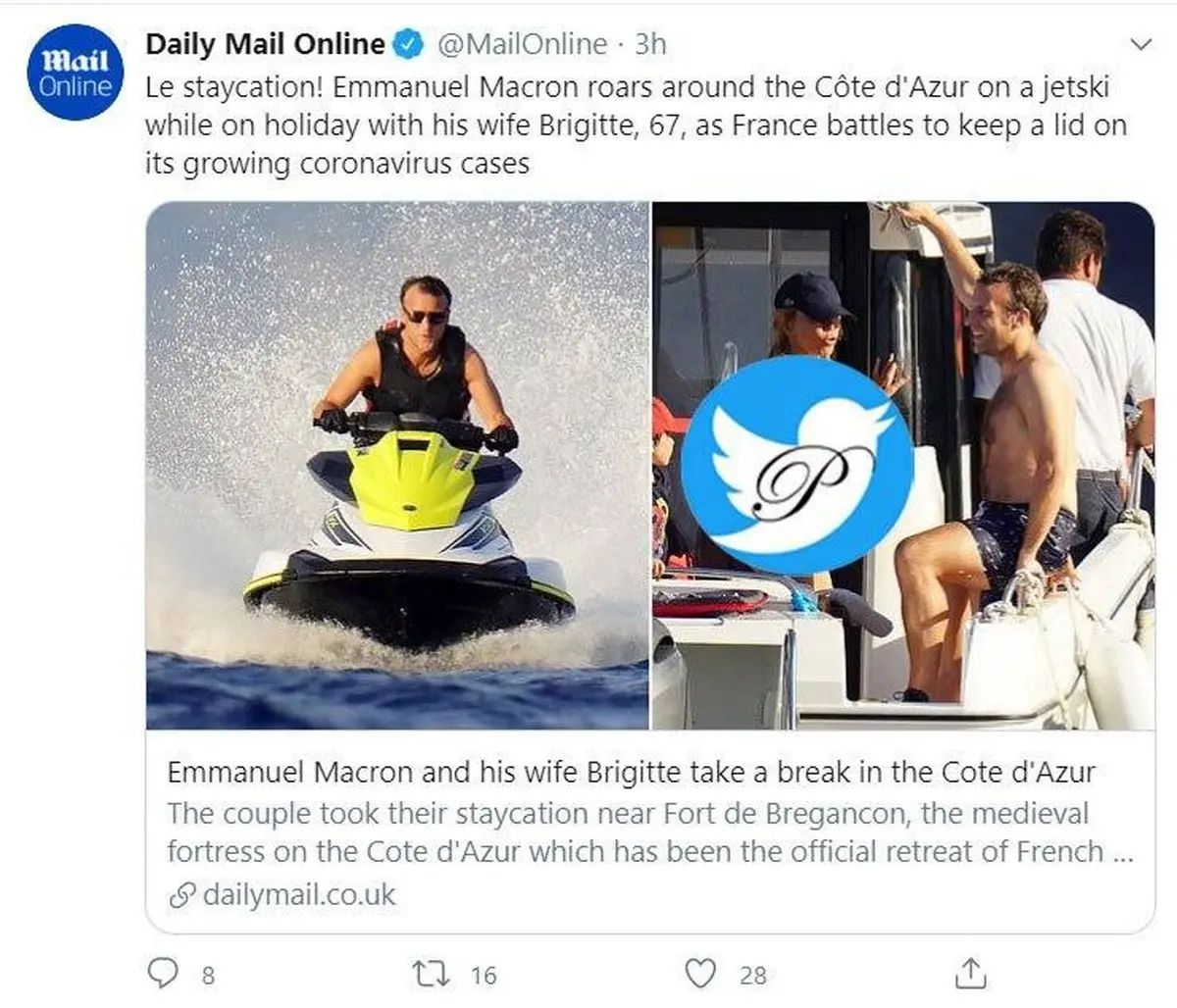 تعطیلات تابستانی رئیس جمهور فرانسه و همسر 67 ساله‌اش + توئیتر