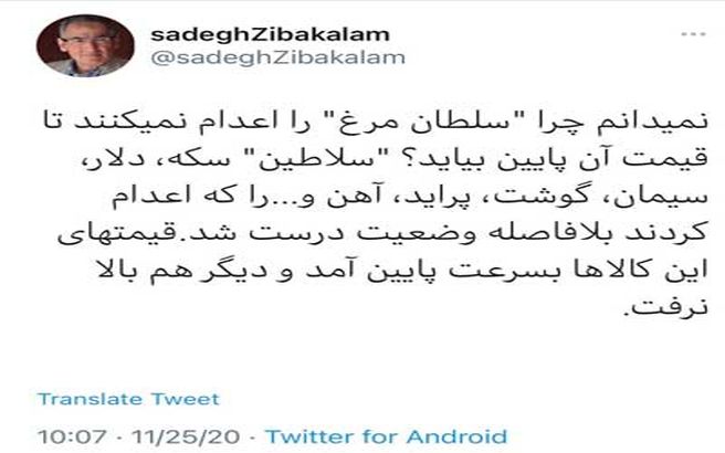 توئیت تند زیباکلام: «سلطان مرغ» را اعدام کنید + توئیت