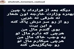 واکنش عجیب شهره لرستانی به قرارداد ۲۵ ساله ایران و چین+عکس