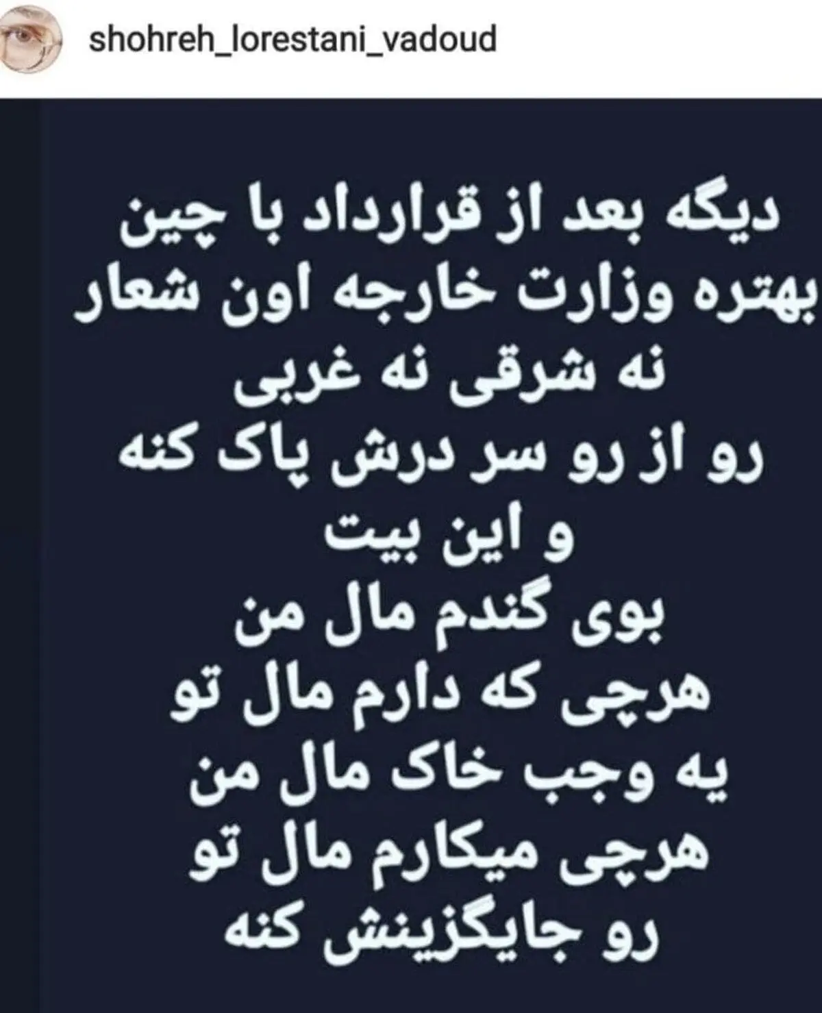 واکنش عجیب شهره لرستانی به قرارداد ۲۵ ساله ایران و چین+عکس
