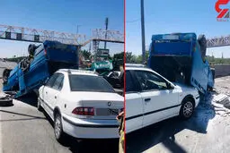 عکس تصادف عجیب در اتوبان آزادگان / پشتک وارو نیسان آبی جلوی سمند

