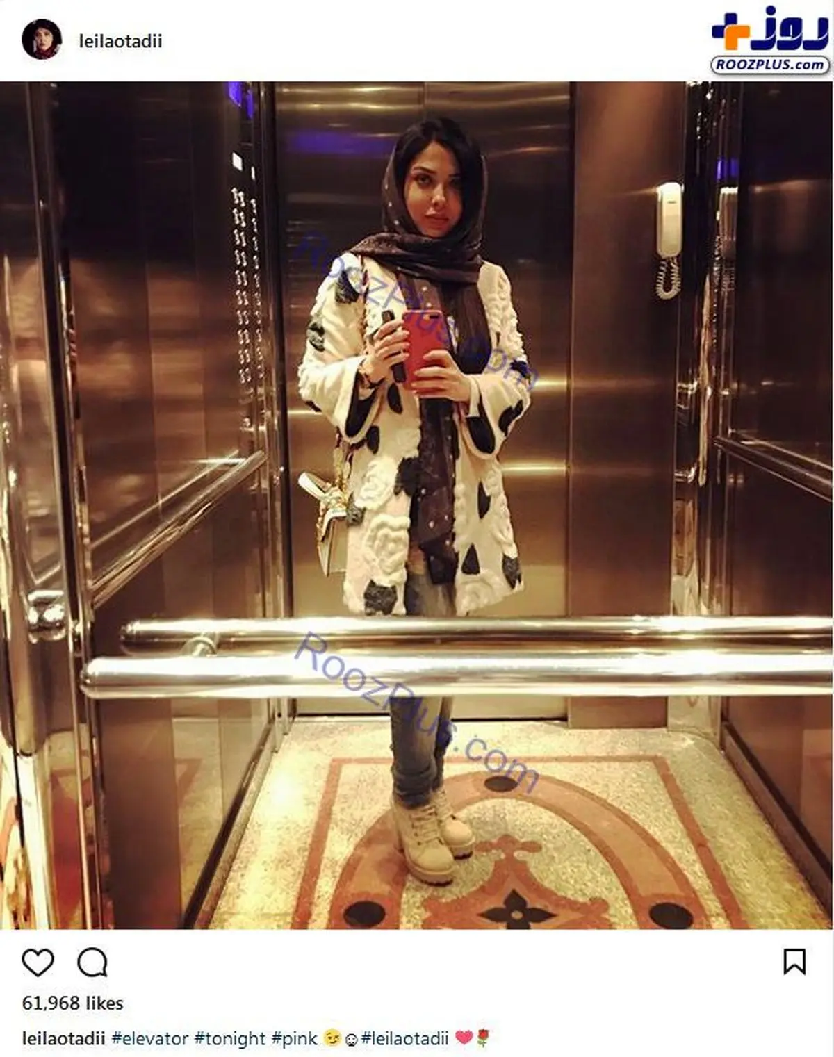 تصویر تیپ زمستانی بازیگر معروف در آسانسور