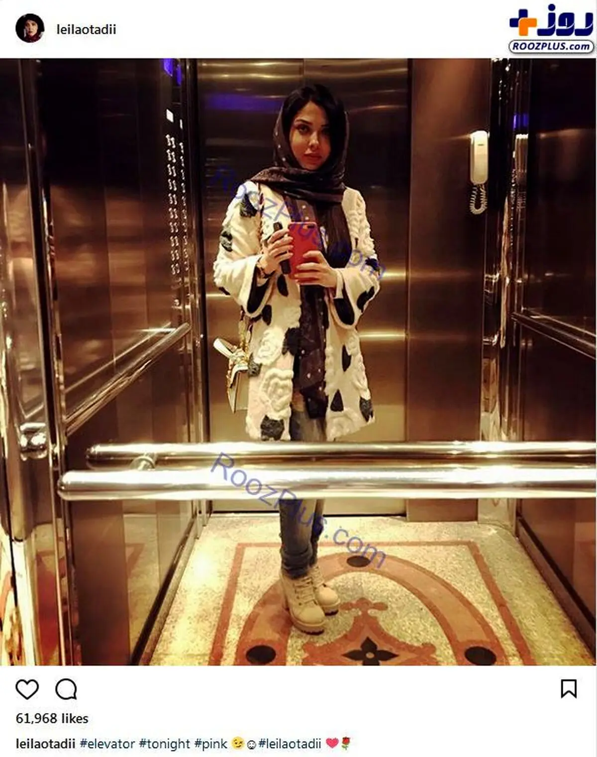 تصویر تیپ زمستانی بازیگر معروف در آسانسور