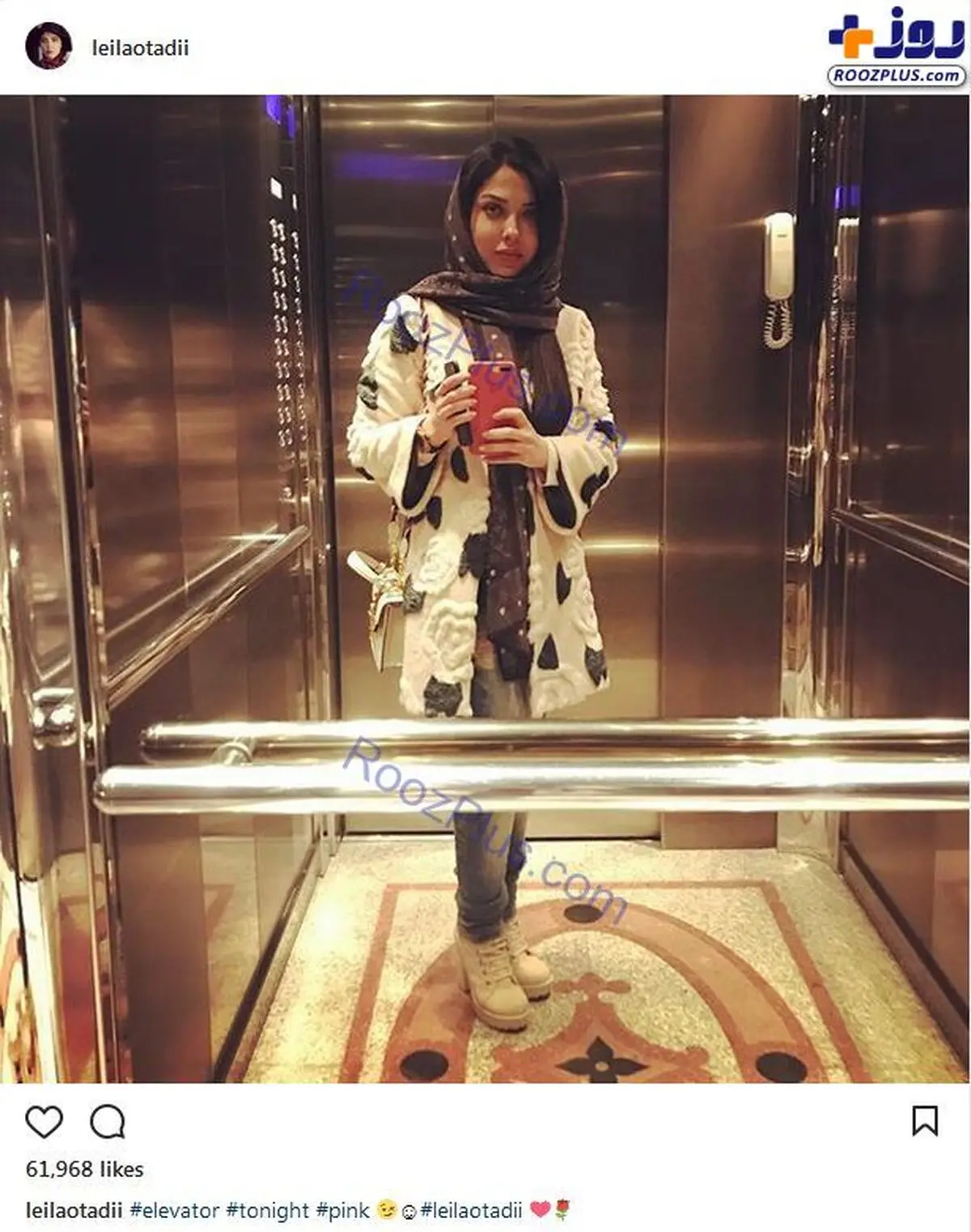 تصویر تیپ زمستانی بازیگر معروف در آسانسور