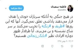 انتقاد نماینده تهران از مخالفان زنگنه و ظریف؛ فاطمه سعیدی: در هیچ جنگی به کسانی که سربازان خود را هدف می گیرند پاداش نمی دهند/ طرفدار ظهور افرادی مثل بابک زنجانی هستید؟