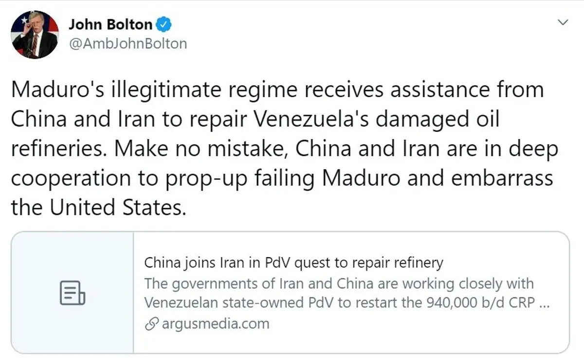 توئیت ضد ایرانی بولتون: همکاری ایران و چین برای شرمسار کردن آمریکا!