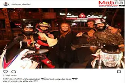 نسرین مقانلو به همراه دختر موتورسوار ایرانی؛ بدلکار نیکی کریمی در فیلم آذر / عکس