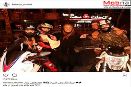 نسرین مقانلو به همراه دختر موتورسوار ایرانی؛ بدلکار نیکی کریمی در فیلم آذر / عکس
