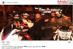 نسرین مقانلو به همراه دختر موتورسوار ایرانی؛ بدلکار نیکی کریمی در فیلم آذر / عکس