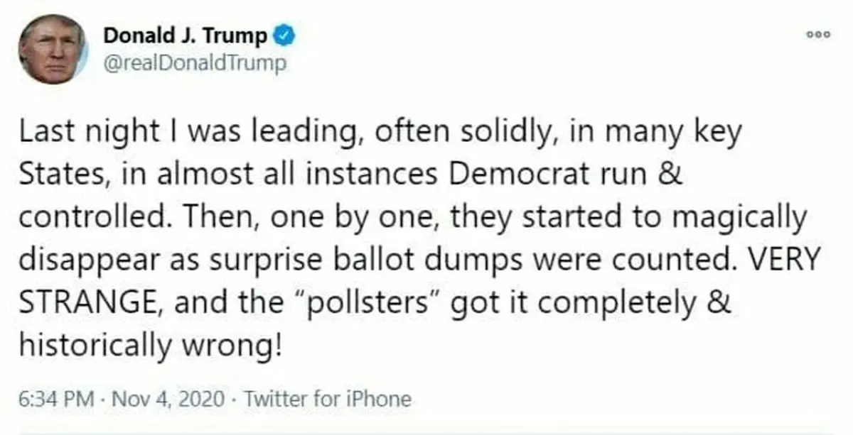 واکنش توییتری ترامپ به برگشت آرا در برخی ایالت‌ها