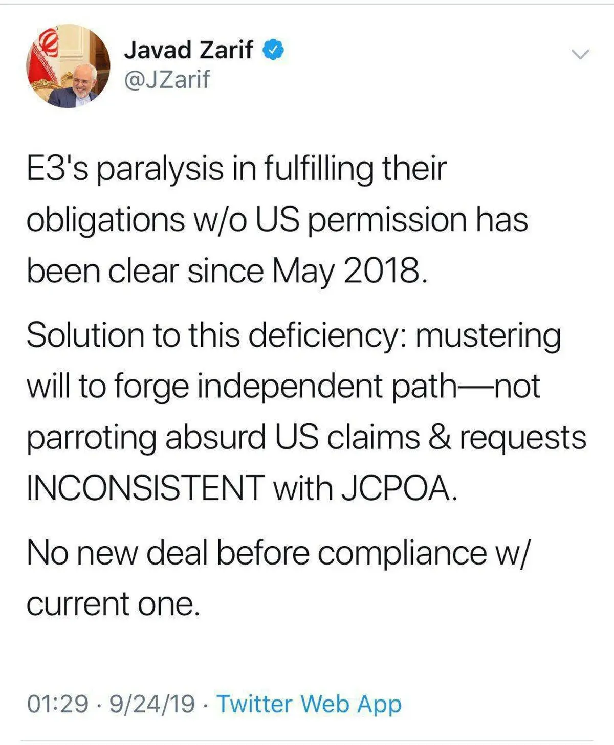 توئیتر / محمدجواد ظریف: هیچ گونه توافق جدیدی پیش از پایبندی به توافق کنونی وجود نخواهد داشت