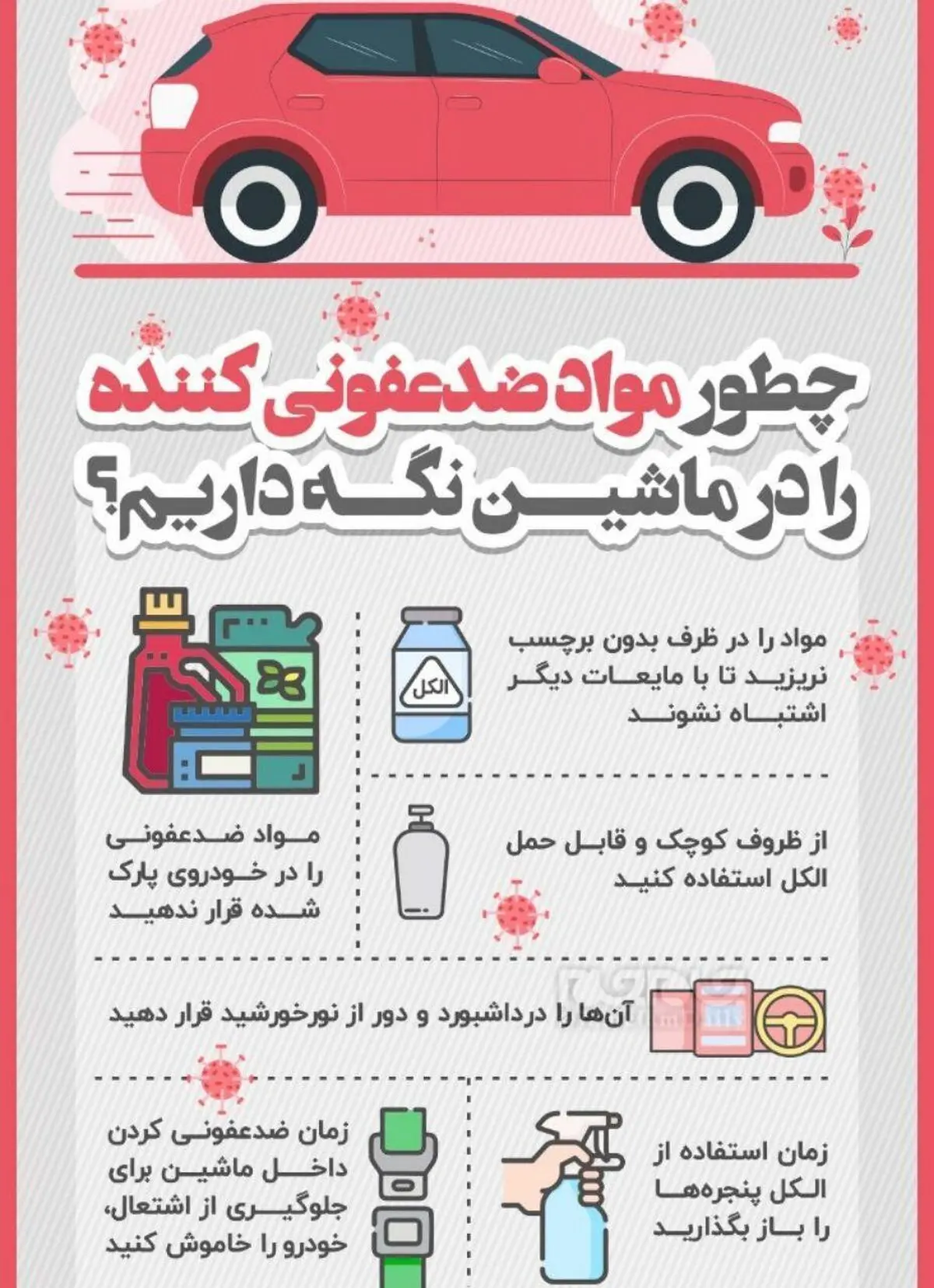 چطور مواد ضدعفونی کننده را در ماشین نگه داریم؟ + اینفوگرافی